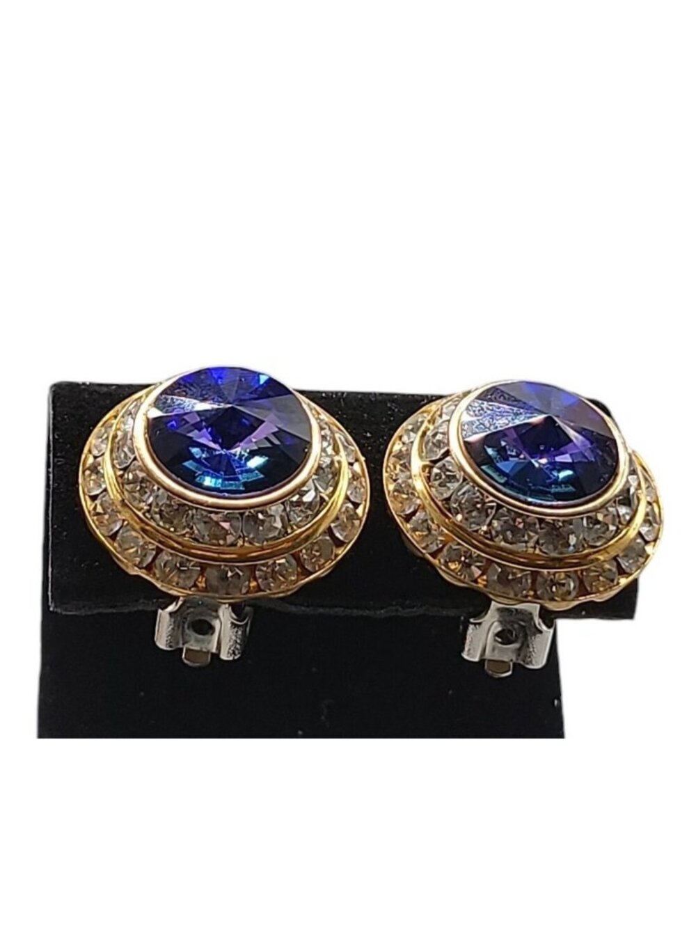 Vintage Lilac Rivoli Clip On Earrings Double Crystal Halo Domed Gold Tone - Picture 9 of 11